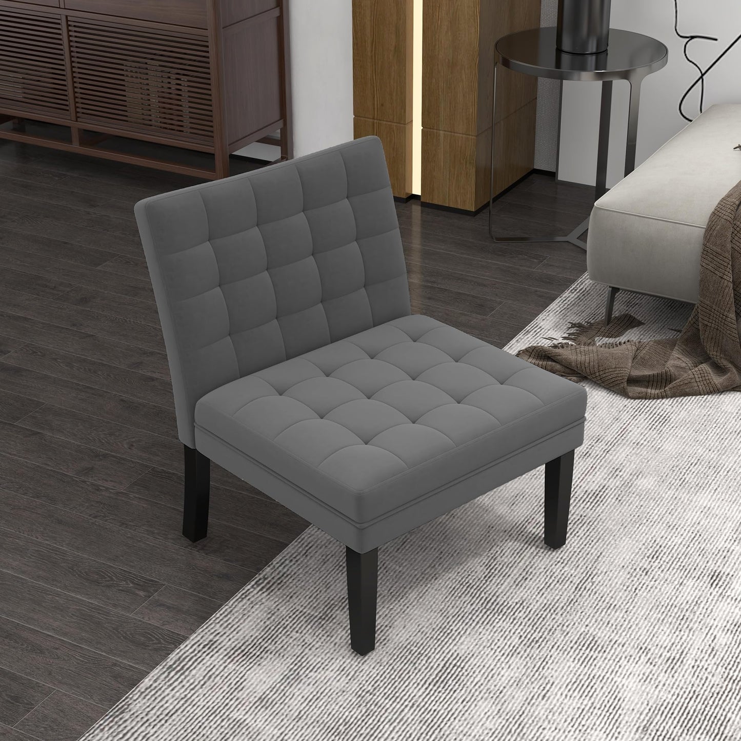 HENGJIANYI Velvet Accent Chair, Upholstered Criss Cross Chair, Wide and Comfy Living Room Chair with Wood Legs, Armless Chair with Button Tufted Back and Seat for Reading Bedroom Waiting Room, Gray