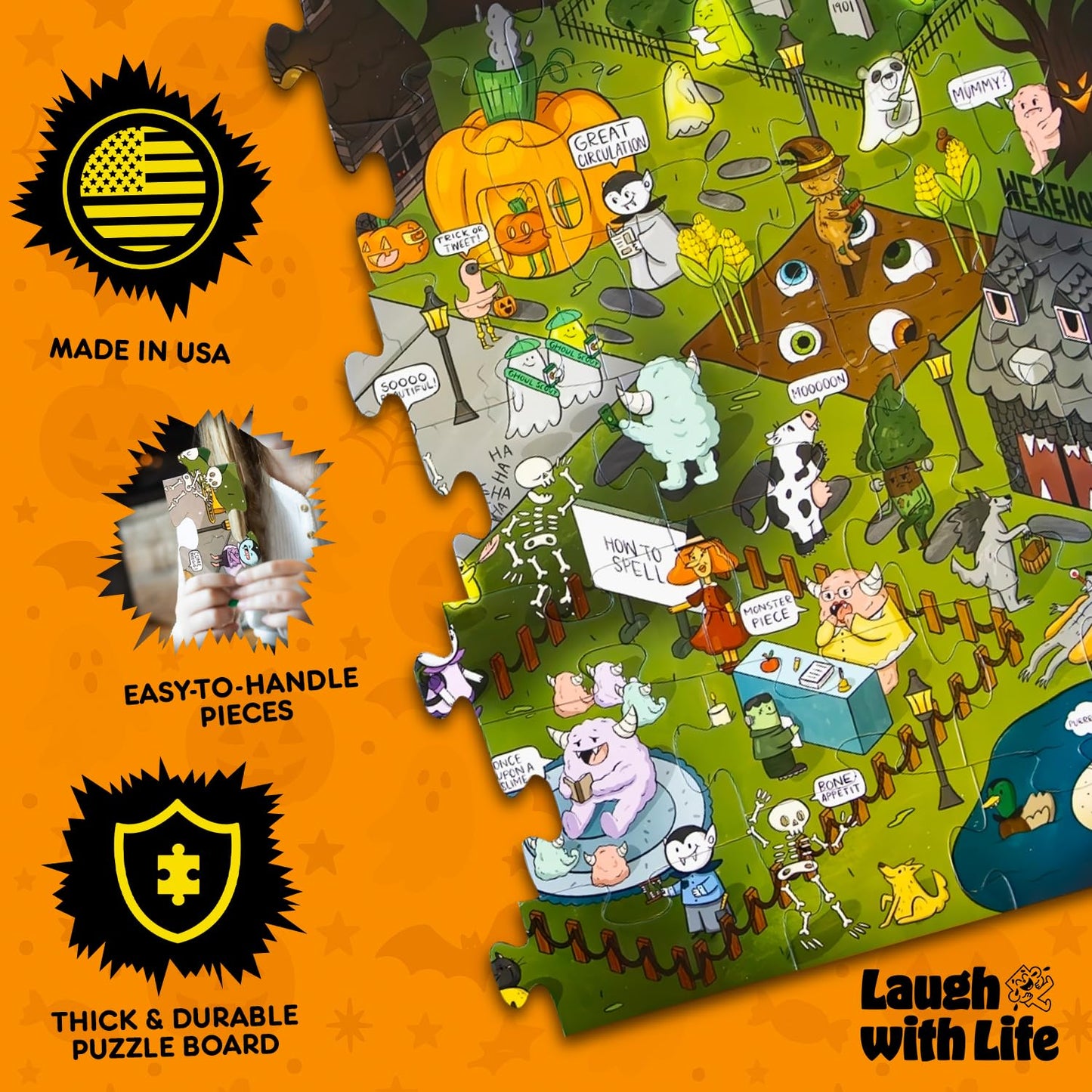 Laugh with Life Halloween Joke Puzzle – 72pcs Halloween-Themed Kids Jigsaw Puzzle for Adults, Extra Large Floor Puzzles for Kids Ages 5+, Fun Adult Puzzles & Toddler Educational Toys (24" x 36")