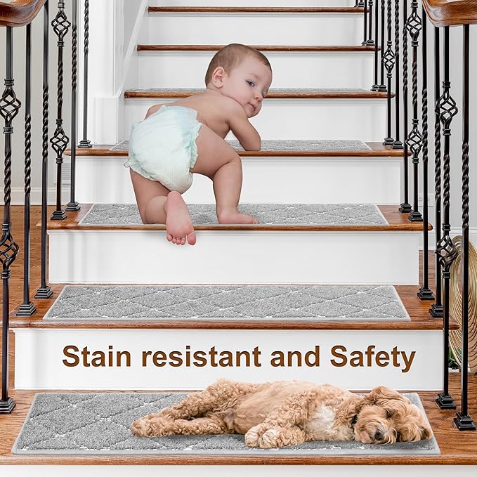 BEQHAUSE Stair Treads 15 Pack Self-Adhesive Stair Mats 28inX9in Stair Treads for Wooden Steps Non-Slip Stair Grips Polyester Soft Edging Stair Rugs Grey Stair Runner