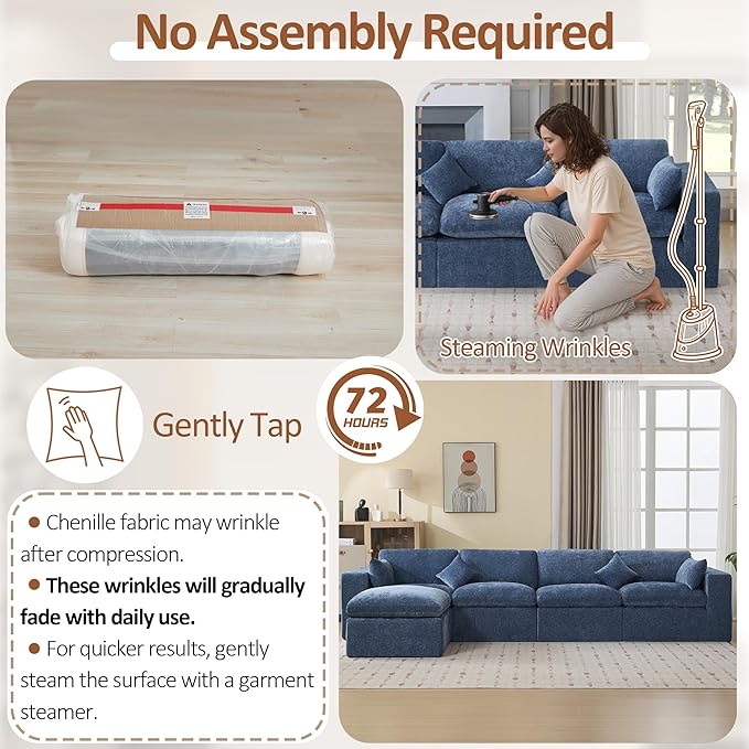 155''Cloud Boneless Sectional Couch, Modular Sectional Sofa Deep Seat with Ottoman, Oversized Upholstered Convertible Comfy 5 Seater Chenille Sofa L Shape Couches for Living Room, Blue