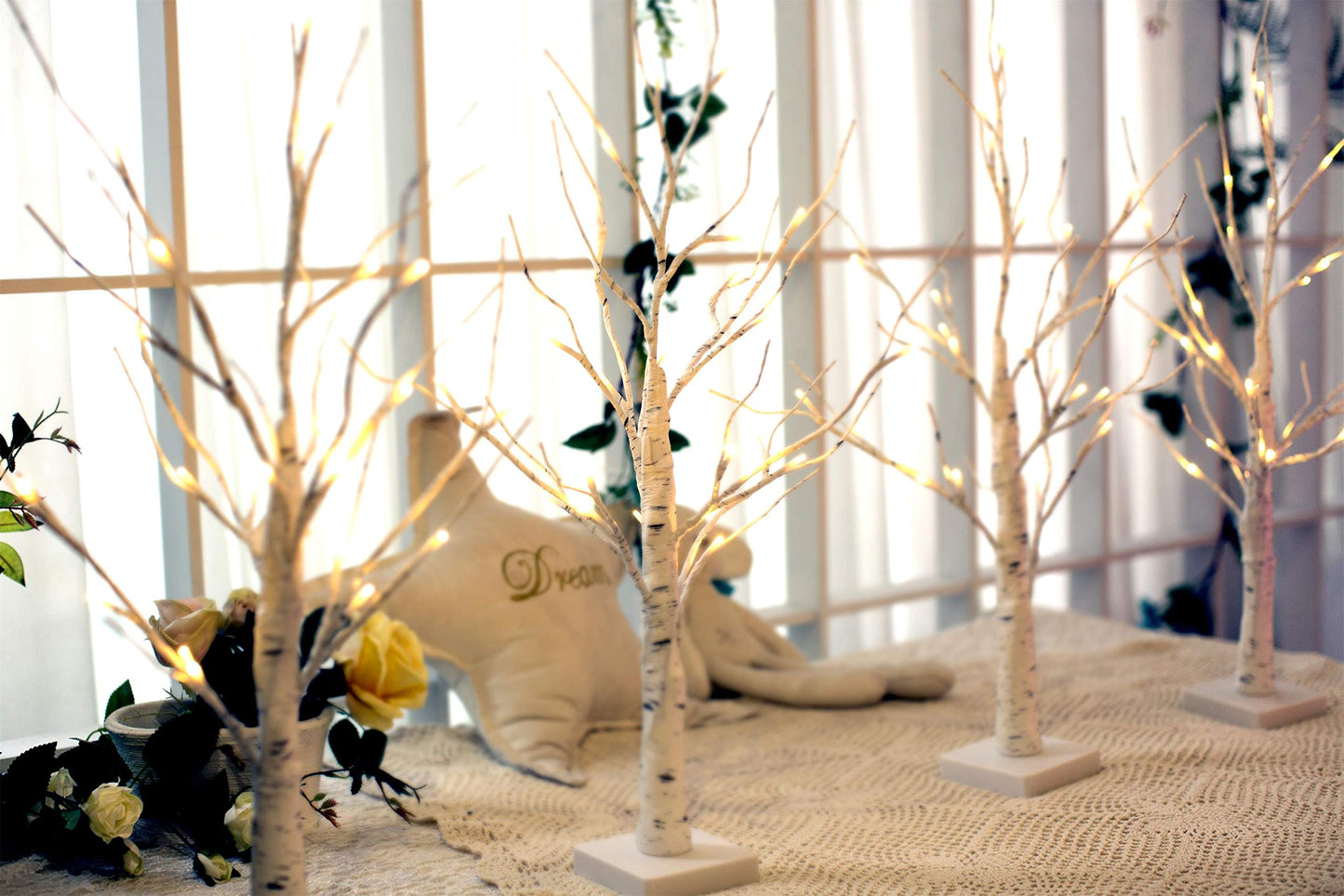 EAMBRITE Lighted Birch Tree Spring Decorations for Home, Christmas Decorations Indoor, 2Pack 24 LED Battery Operated/USB Tabletop Mini Small Artificial White Trees with Lights for Table Mantel (2FT)