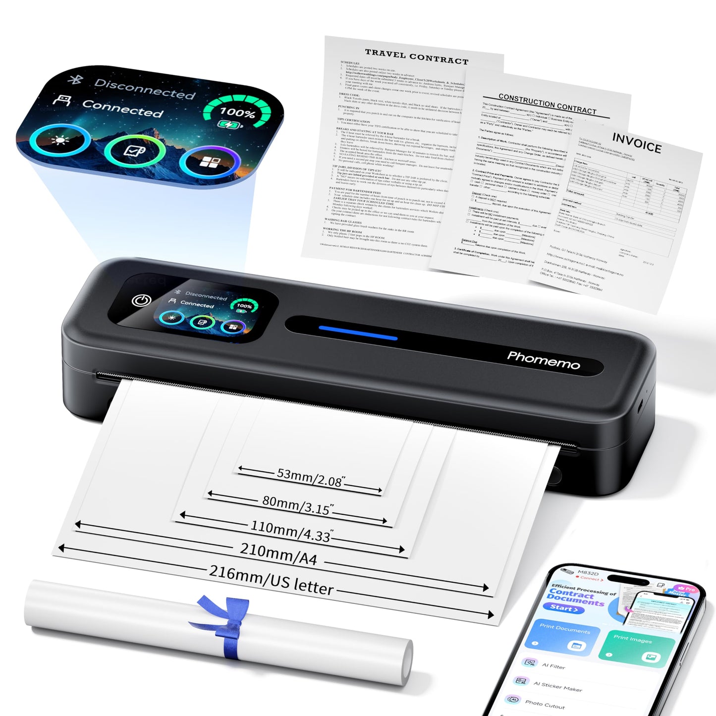 Phomemo Upgraded Portable Printer with Touchscreen, M832D Bluetooth Wireless Thermal Inkless Printer, Supports 8.5"x11" US Letter & A4, Compatible with iOS, Android, PC for Travel, Black