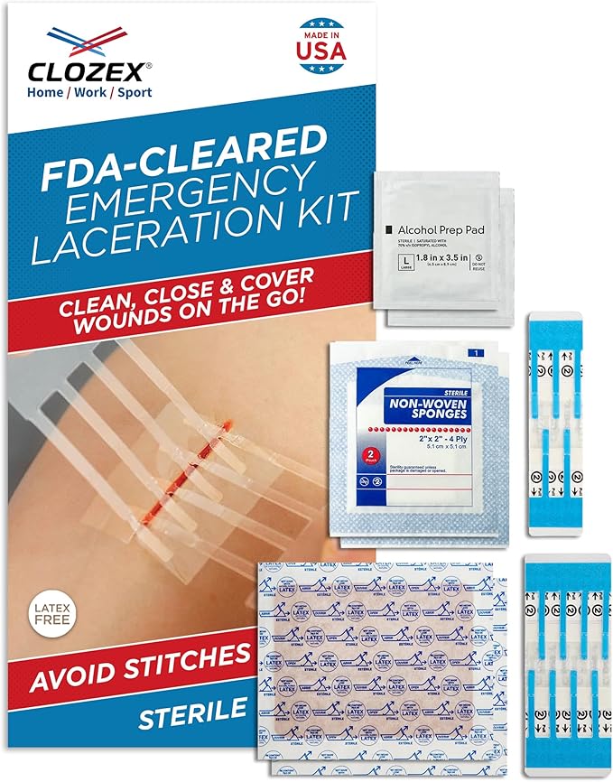 Clozex Complete Emergency Laceration Kit - Repair Wounds Without Stitches, FSA HSA Eligible Skin Clean Cover Closure Devic...