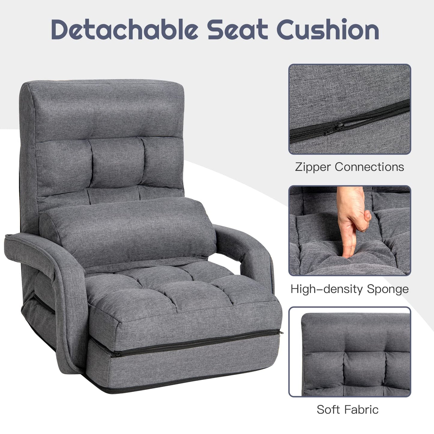 Giantex Folding Floor Chair with 6-Position Adjustable Backrest, Armrests & Removable Pillow, 330Lbs Capacity, Indoor Lazy Sofa Armchair, Chaise Lounger, Gaming Recliner for Living Room Bedroom, Grey