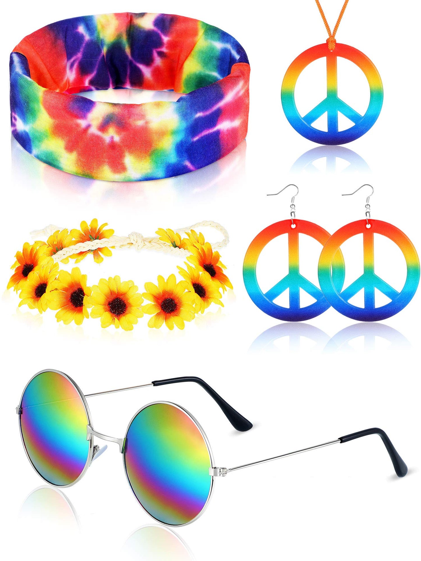 Frienda 5 Pcs Hippie Costume Set Glasses Headband Peace Sign Earrings Necklaces Tie Dye Bandana Hippie Accessory for 60s 70s(Rainbow Style)