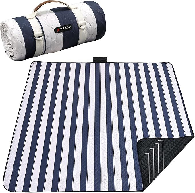 HX&OD Outdoor Picnic Blanket Extra Large, 80''*80'' Waterproof Picnic Mat with Stakes Foldable Camping Blanket Portable wi...