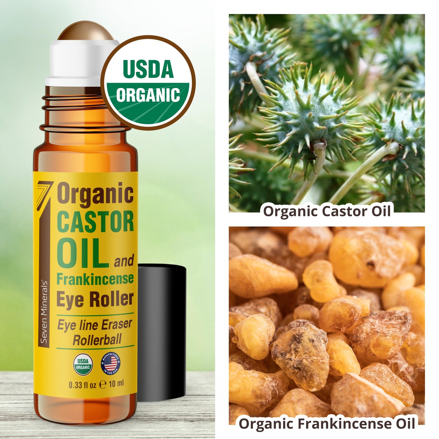 Seven Minerals Organic Castor Oil Roll On Eye Roller for Under Eye Bags, Dark Circles & Wrinkles - Organic Blend of Castor Oil A