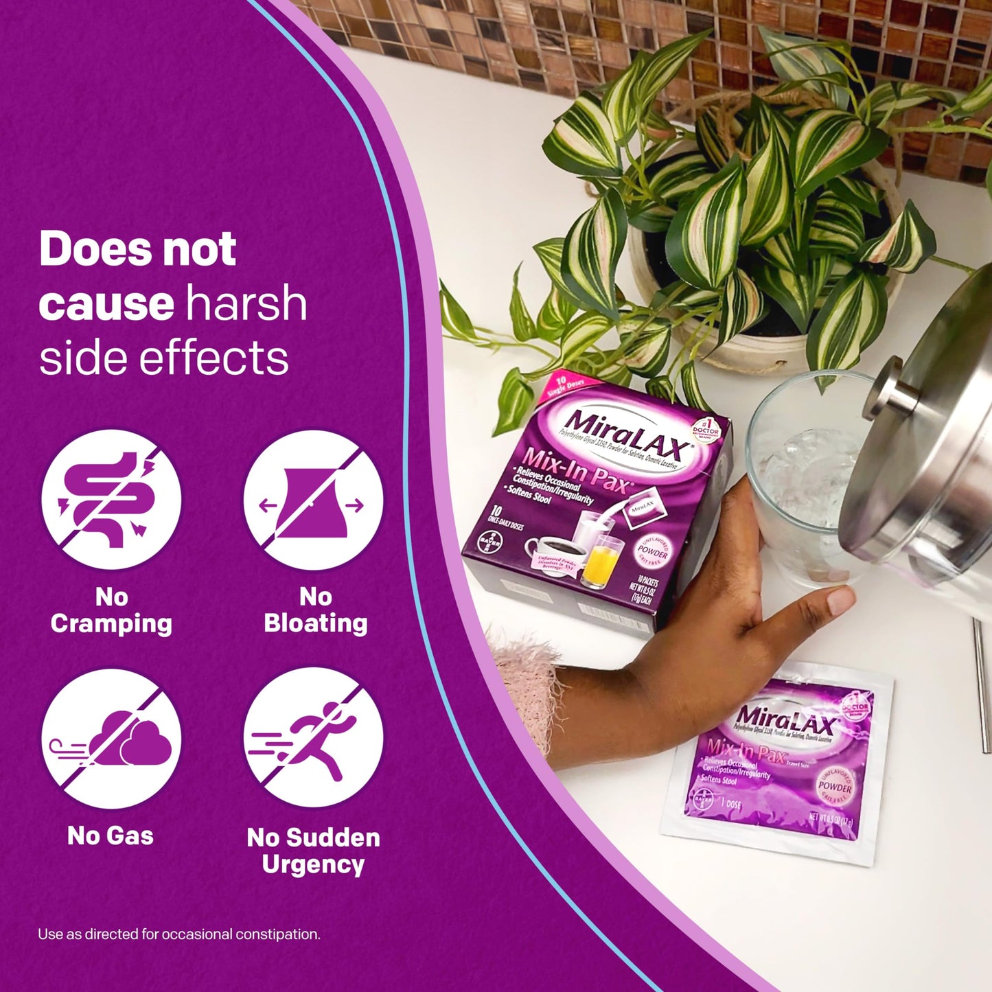 MiraLAX Gentle Constipation Relief Laxative Powder, Stool Softener with PEG 3350, No Harsh Side Effects, Single Dose Mix-In Pax with Mixing Stirrers, Travel Pack, 10 Dose