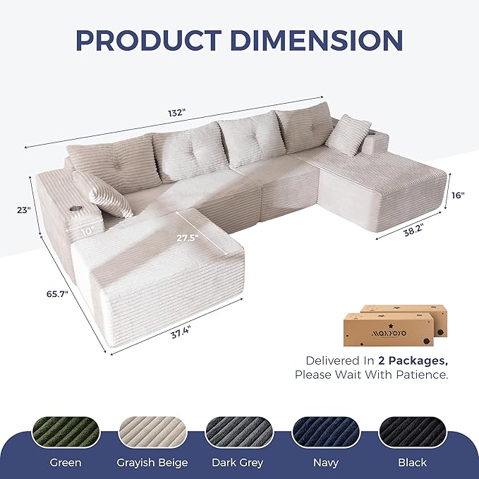 MAXYOYO 132" Giant U-Shaped Modular Sectional Couch, Modern Boneless Couch for Living Room, Sofa in A Box, Oversized Sofa Sleeper with Deep Seat, No Assembly Required, Grayish Beige