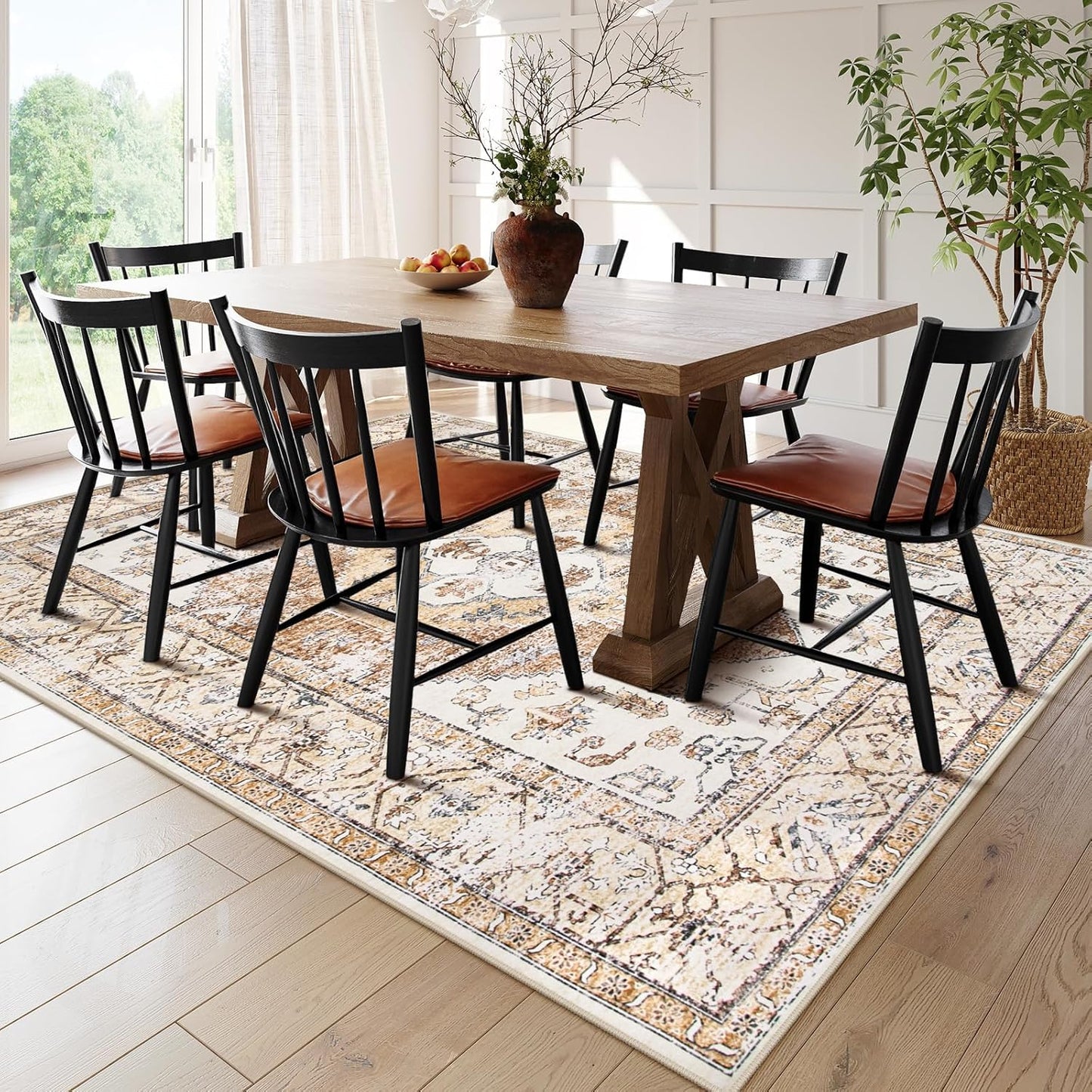 Lahome 9x12 Area Rugs for Living Room - Boho Non-Slip Washable Carpet Ultra-Thin Large Rug Lightweight Throw Foldable Dining Room Mat，Farmhouse Neutral Print Carpet for Bedroom Guest Room (Taupe)