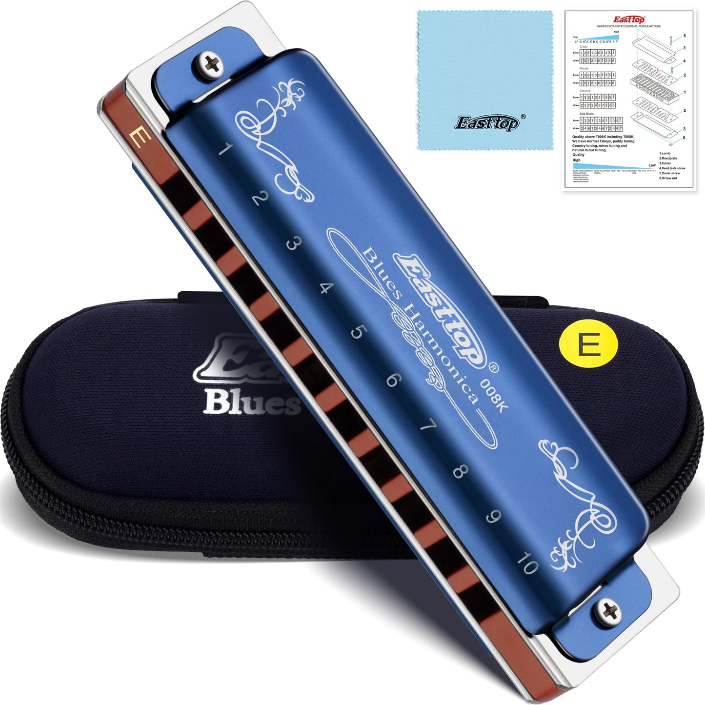 East Top Diatonic Harmonica Key Of E, 10 Holes 20 Tones 008K Diatonic Blues Harp Mouth Organ Harmonica With Blue Case, Standard