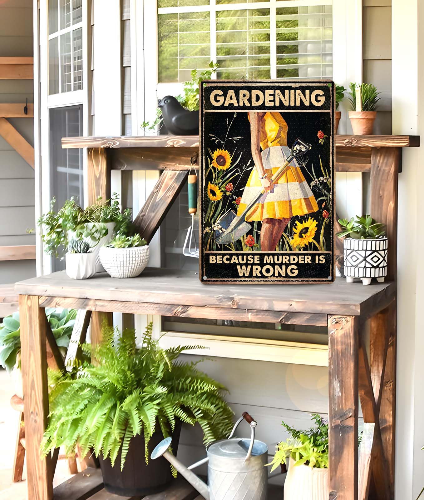 Funny "Gardening Because Murder Is Wrong" Metal Sign: Women's Garden Gift for Yard, Backyard, Patio & Porch Decor, 12" x 8", (263)