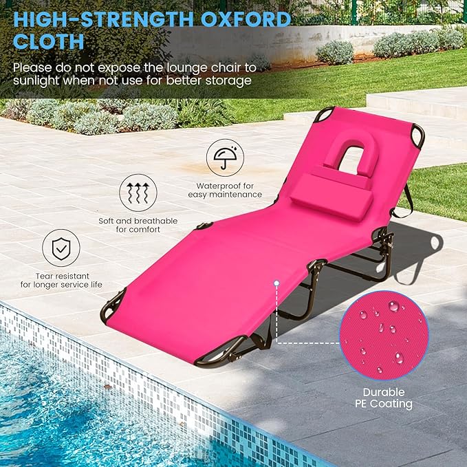GYMAX Tanning Chair, 350lbs Beach Lounge Chair with Face Hole, Washable Pillow & Carry Strap, Adjustable Folding Chaise Lounge, Layout Lounger for Outside, Patio, Poolside, Lawn (2, Pink)
