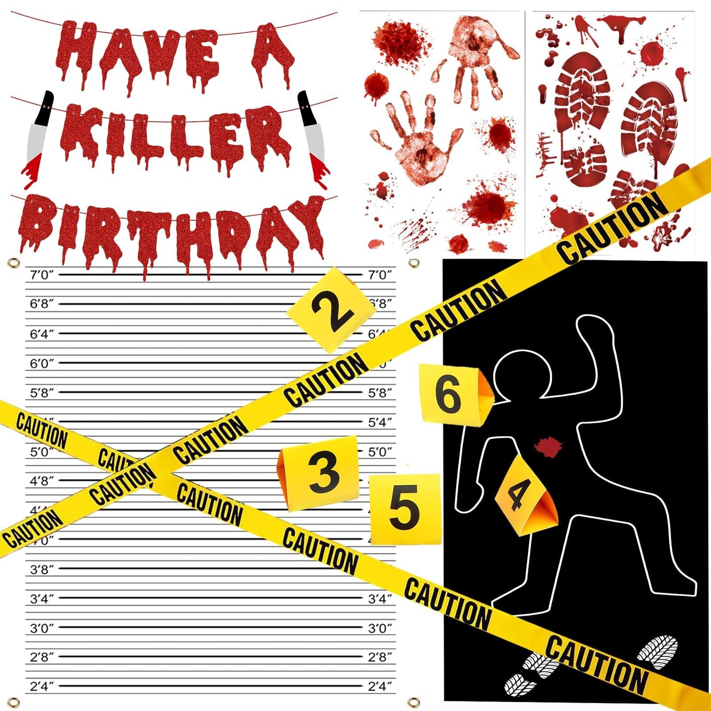 Akide Halloween Crime Scene Decorations Kit Have A Killer Birthday Banner Body Silhouette Crime Scene Tape Evidence Markers Mugshot Backdrop for Detective Murder Mystery Dexter Party Decorations