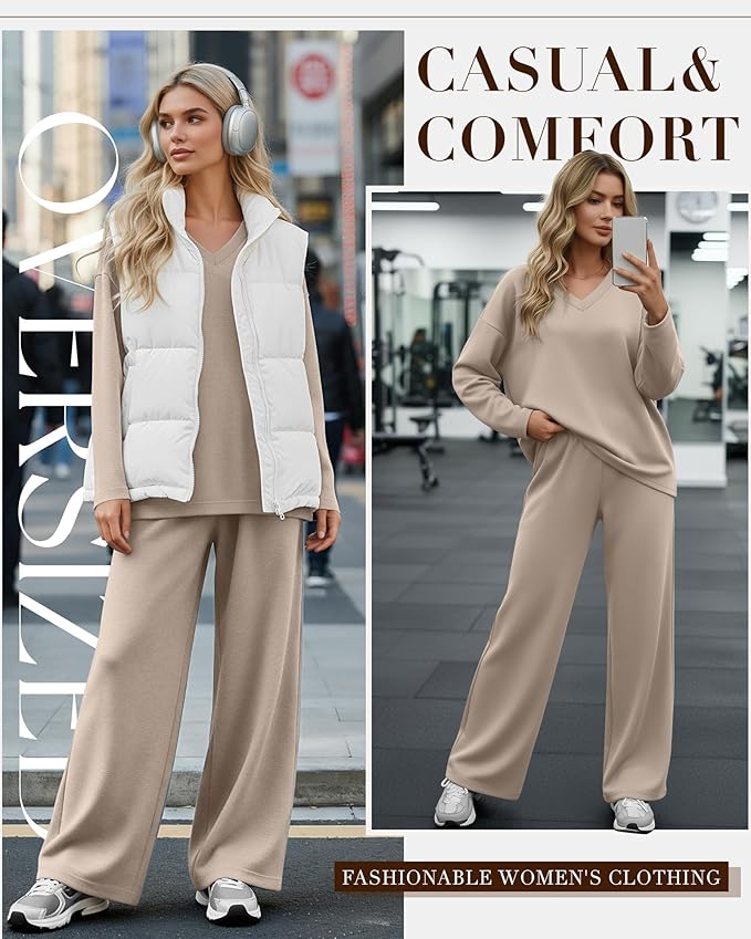 JoyMotion 2 Piece Women's Sweatsuit, V Neck Oversized Tracksuit Wide Leg Pant Fall Lounge Set Long Sleeve Sweatshirts Outfit
