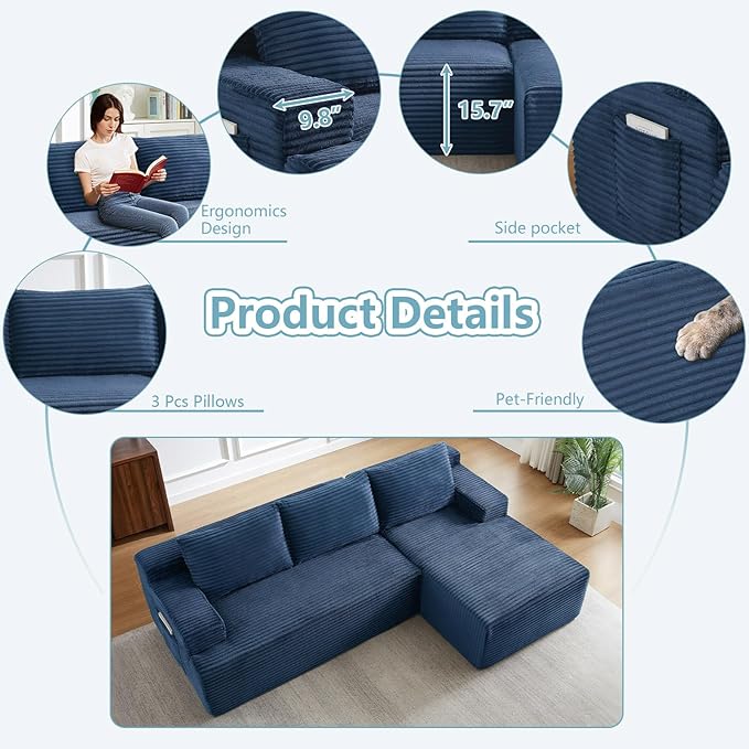 96" Cloud Sectional Couch with L-Shape Chaise, Modern Corduroy Boneless Couch for Living Room,Memory Foam Sofa with Deep Seat,No Assembly Required (Blue,Right-Facing Chaise)