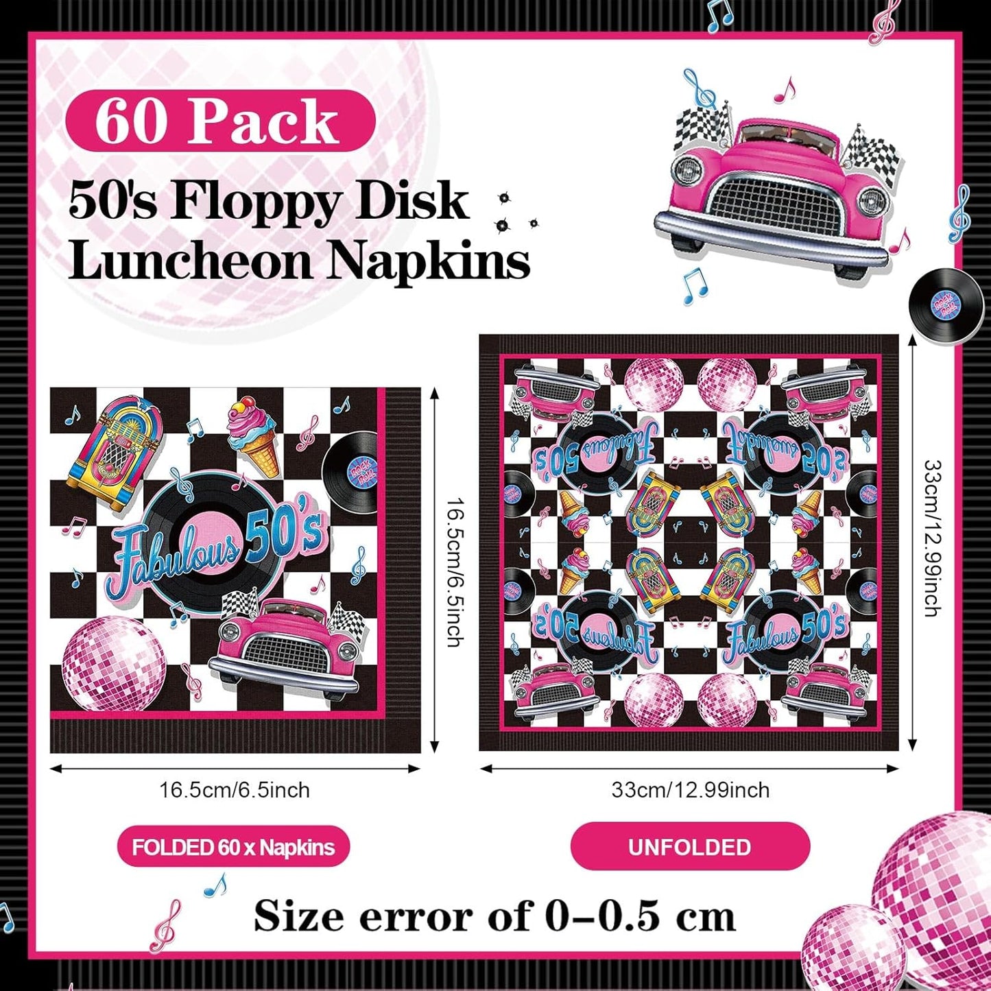 60 Pcs 50s Cocktail Paper Napkins 6.5 x 6.5 Inches Disposable Paper Napkins Dessert Beverage Napkin for Decoupage Luncheon Napkin for Party Wedding Birthday Party