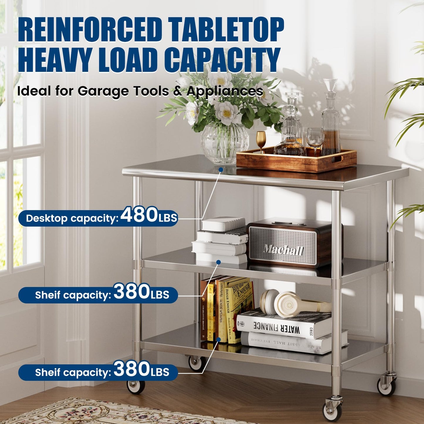 Chingoo Stainless Steel Work Table with Wheels, 24x48 Inch NSF Kitchen Prep Table with 2 Adjustable Undershelves for Commercial Restaurant, Garage, Outdoor BBQ