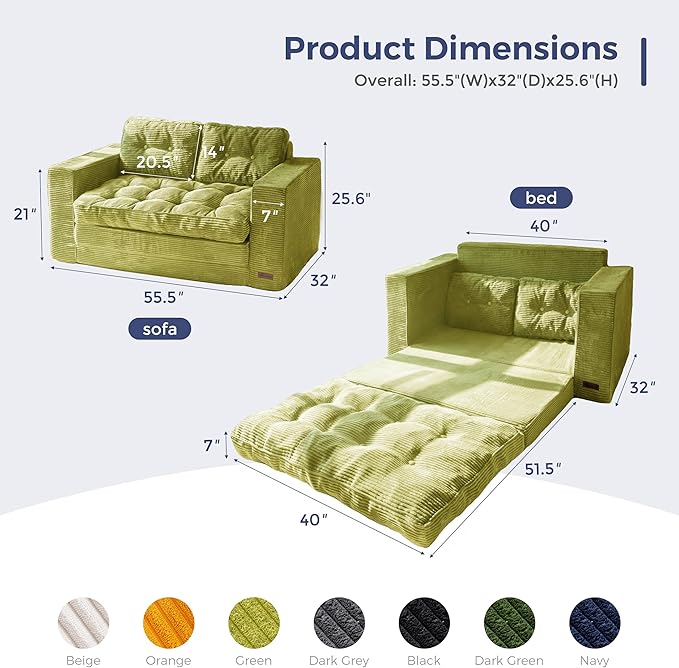 MAXYOYO Convertible Sofa Bed, Pull Out Loveseat Sleeper Sofa, 2 in 1 Folding Couch Bed, Fold Out Floor Couch with Pillows for Living Room Bedroom Lounge, Green
