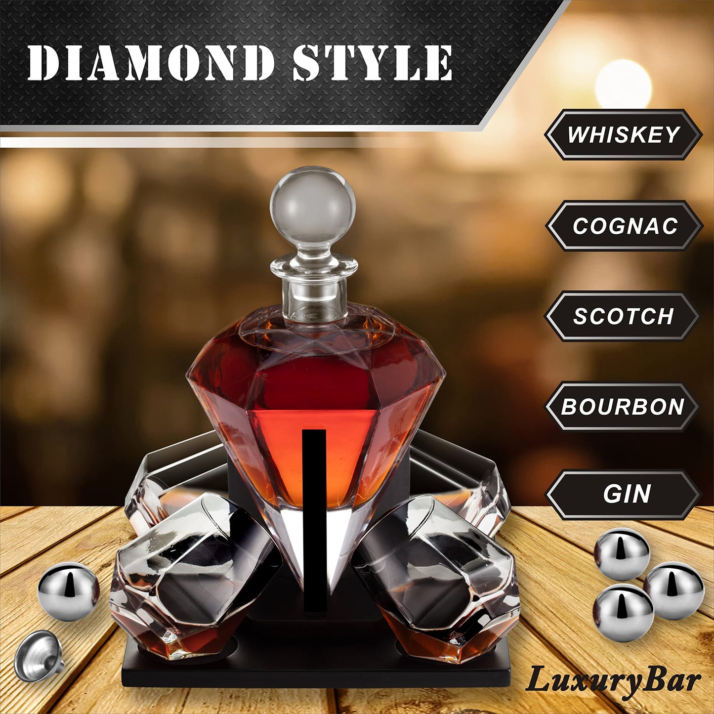 LuxuryBar Diamond Whiskey Decanter Sets for Men with ChillBall &Tray,Whiskey Decanter Set Liquor Dispenser Bourbon Decanter Whiskey Set Gifts for Men