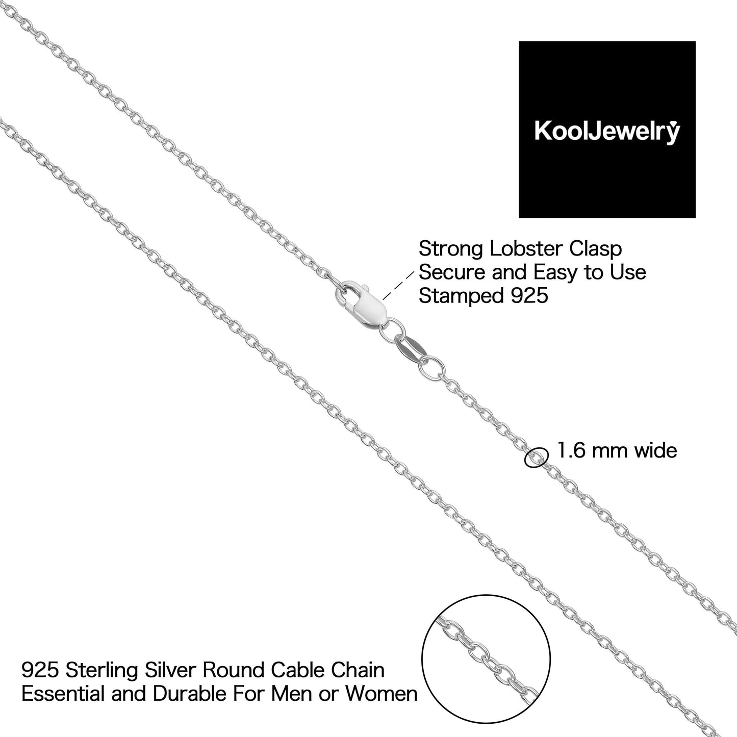 Kooljewelry Sterling Silver Round Cable Chain Necklace (1.6 mm, 20 inch)