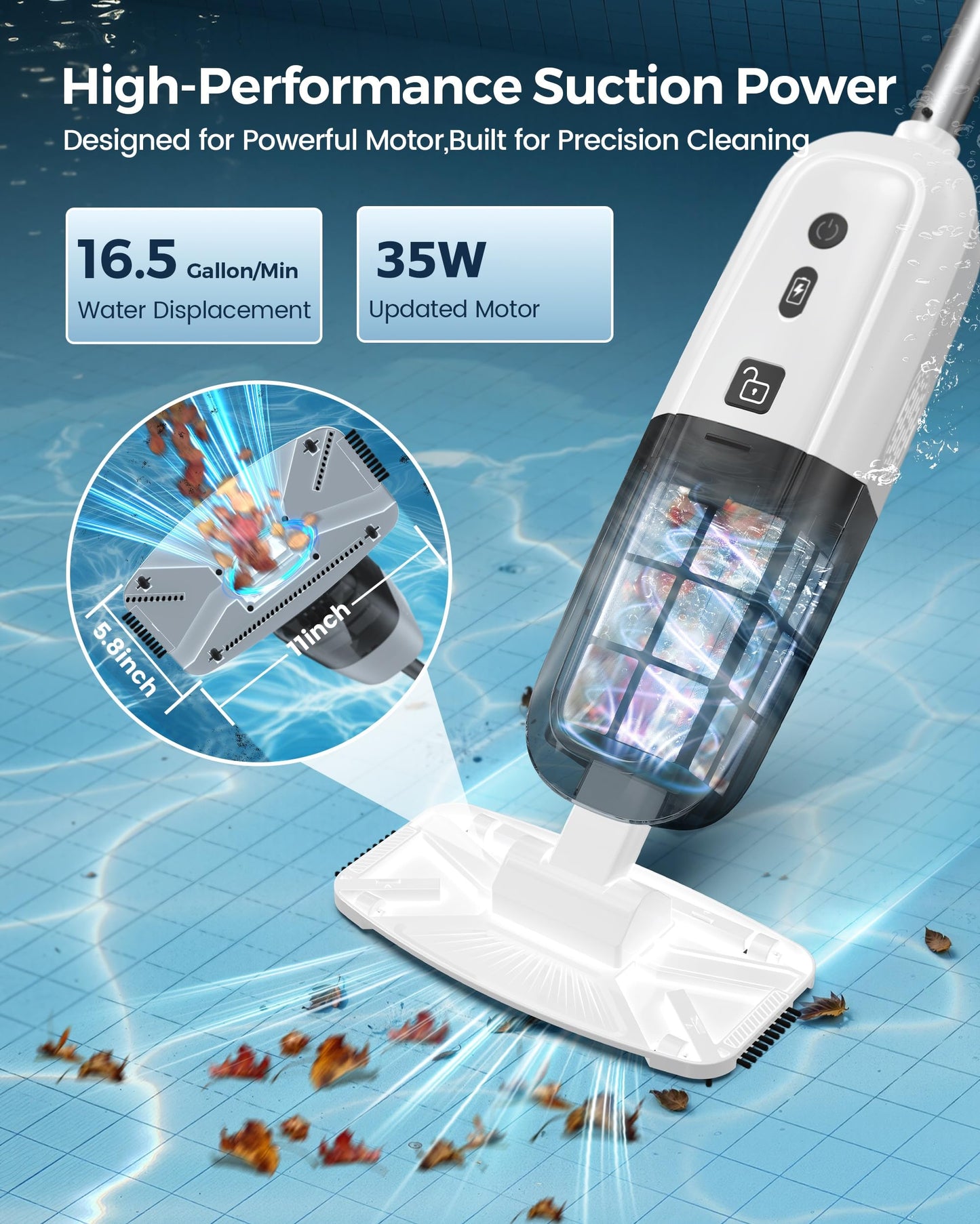 K1 Handheld Pool Vacuum,Pool Vacuum for Above Ground Pool,Rechargeable Pool Cleaner with Extention Pole,16.8GPM,70 Mins Runtime,Above Ground Pool Vacuum for Inground Pools, Spas, Hot Tubs,White