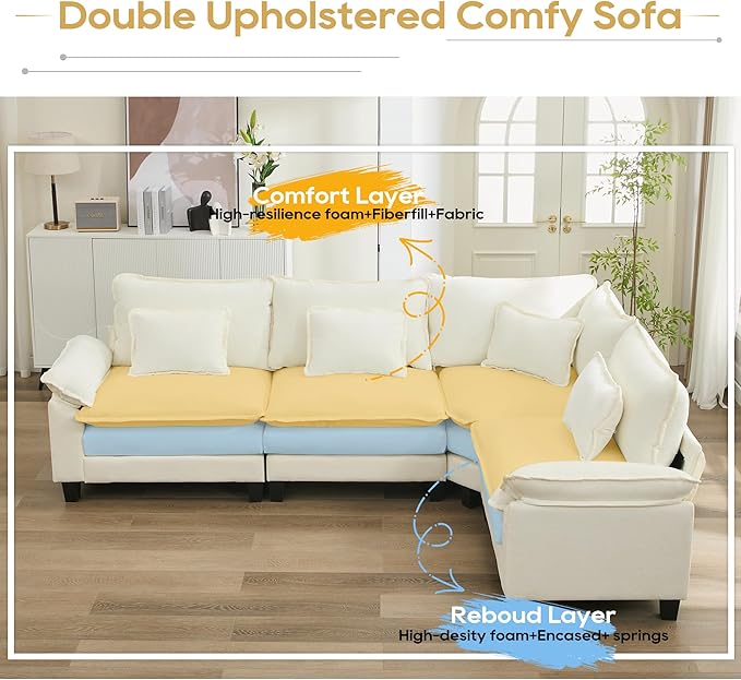 URRED Cloud Couch Modular Sectional Sofa, 116" Modern L Shaped Deep Seat Sofa with Pillows, Ultra Comfy Chenille Corner Couches for Living Room, Bedroom or Apartment, White