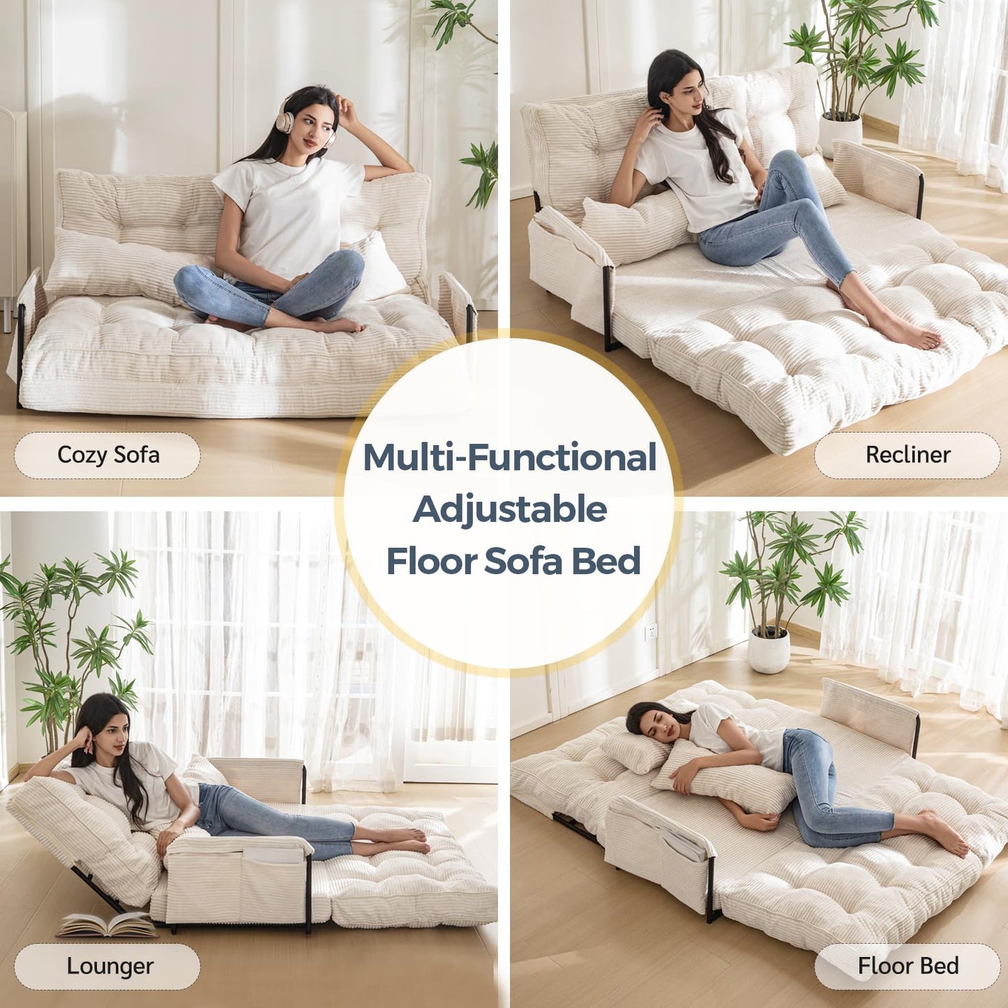 MAXYOYO Adjustable Floor Sofa Couch with 2 Pillows, Multi-Functional Bean Bag Bed, 5-Position Foldable Lazy Sofa Sleeper Bed with Armrest Versatile Floor Seating for Reading Gaming, Beige, Double