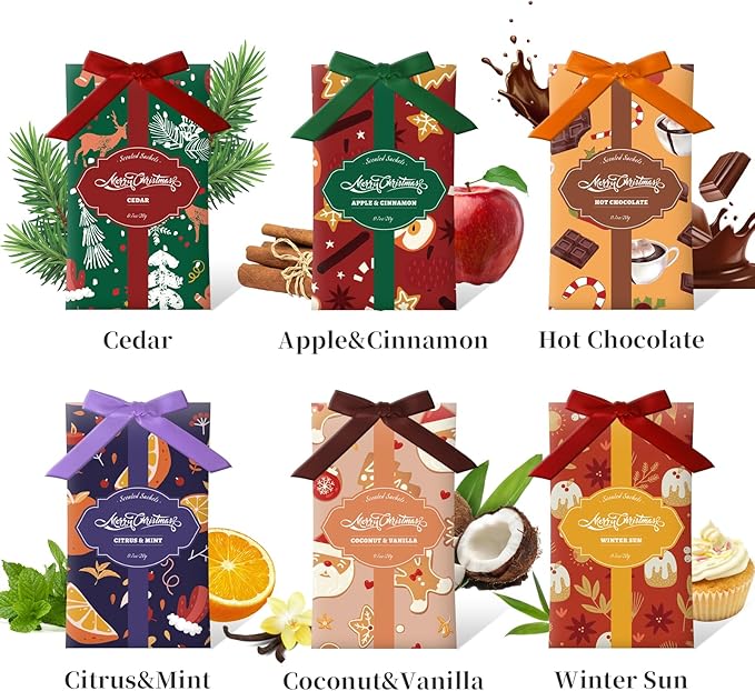 SCENTORINI Scented Sachets for Drawer and Closet, Christmas Long-Lasting Sachets Bags, Cedar, Apple Cinnamon, Coconut & Vanilla, Citrus & Mint, Winter Sun, Hot Chocolate