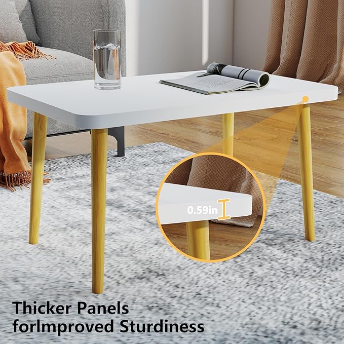 Funecy Coffee Table Low Table with Solid Wood Sturdy Legs, Floor Table Desk for Sitting on The Floor, Storage and Living Room Furniture (White-Square)