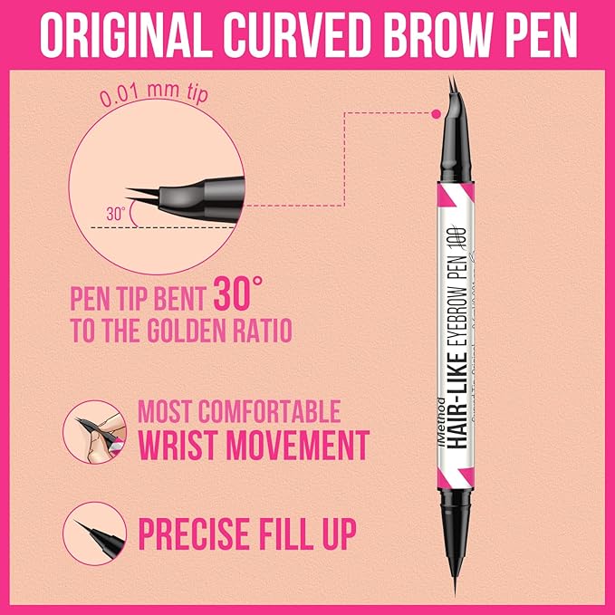 iMethod Curved Eyebrow Pen - 2-in-1 Dual-Ended Eyebrow Pencil with Curved Tip and Precise Brush-Tip, Microblading Pen for Natural Hair-Like Brows, Long Lasting, Black Brown