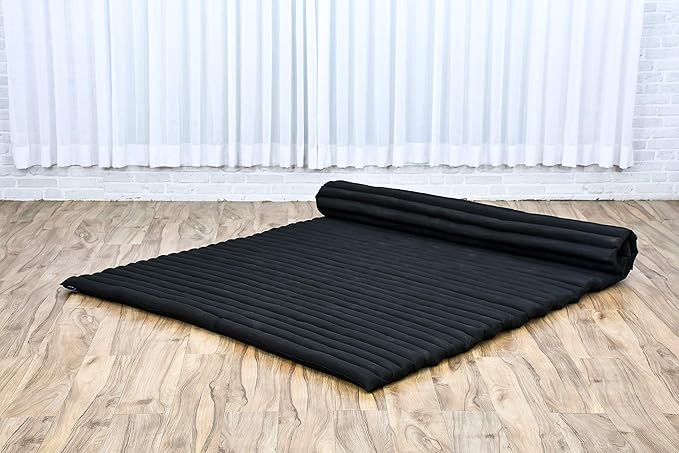 Leewadee - Foldable Floor Mattress - Japanese Roll Up Futon -Trifold Tatami Mat- Guest Floor Bed - Camping Mattress - Thai Massage Mat, Kapok Filled, 75 x 57 inches, Black