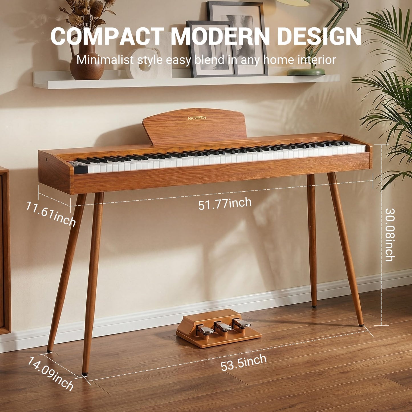 MOSEN Digital Piano, 88 Key Weighted Keyboard, Progressive Hammer Action, Electric Piano for Beginner, 128 Voices, 3-Pedal, Music Stand, Recording, USB-MIDI MP3 Connecting, MDP-88N, Wood Brown