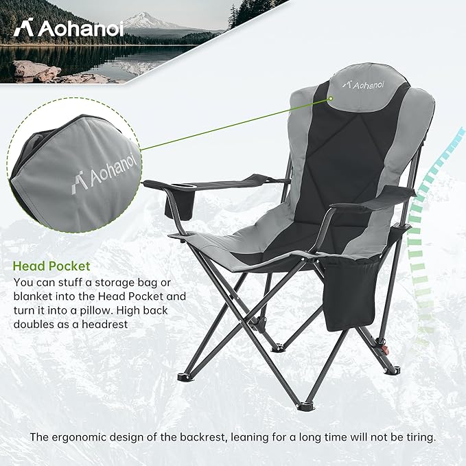 Aohanoi Camping Chairs, Portable 2 Pack Camp Chairs for Heavy People with Adjustable Angled Backrest, Outdoor Folding Camping Chairs for Outside Supports up to 350lbs, Carry Bag Included
