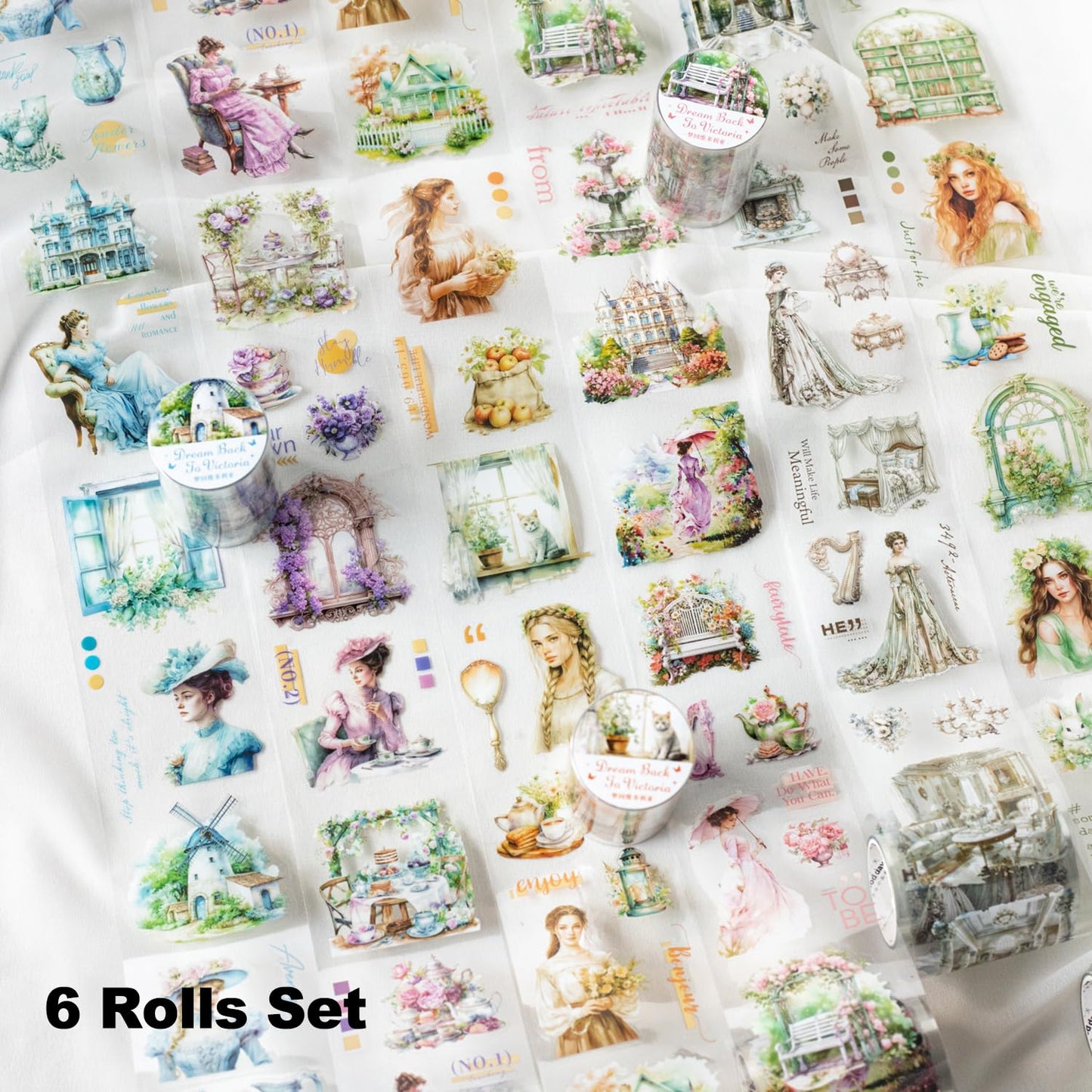 Victorian PET Tape Set, 6 Rolls Pre-Cut Ephemera for Junk Journaling, Scrapbooking, Crafting, DIY Projects, Diaries, and Art Supplies