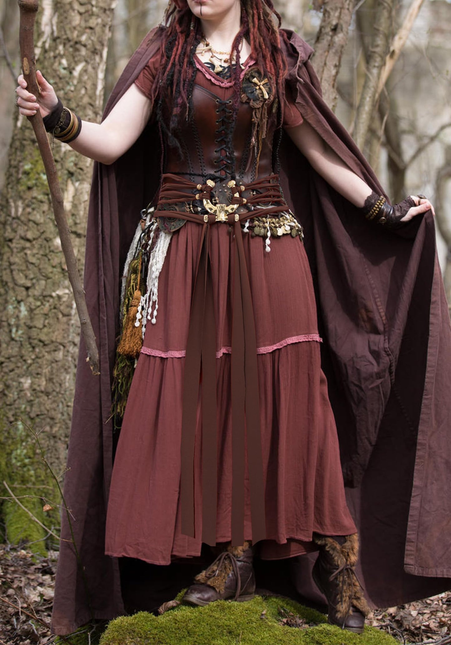 KUOIN Renaissance Troll Cross Belt, Women Medieval Witch Pagan Rope Waist Chain Sash Costume Accessory for Dress (A)