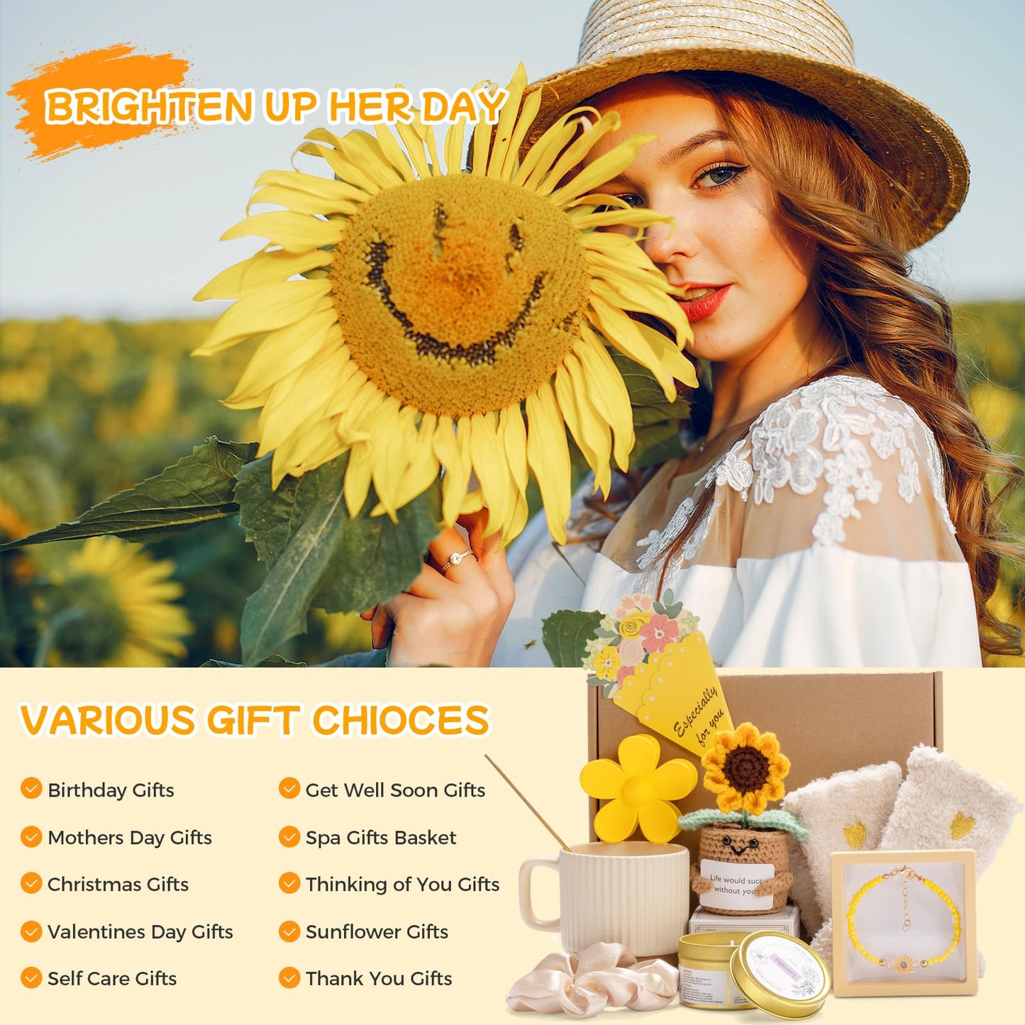 CabyGift Sunflower Gifts for Women, Unique Birthday Gifts for Women, 10pcs Get Well Soon Gift Baskets, Care Package Sending Sunshine Box for Mom, Wife, Sister, Best Friend,Teen Girls