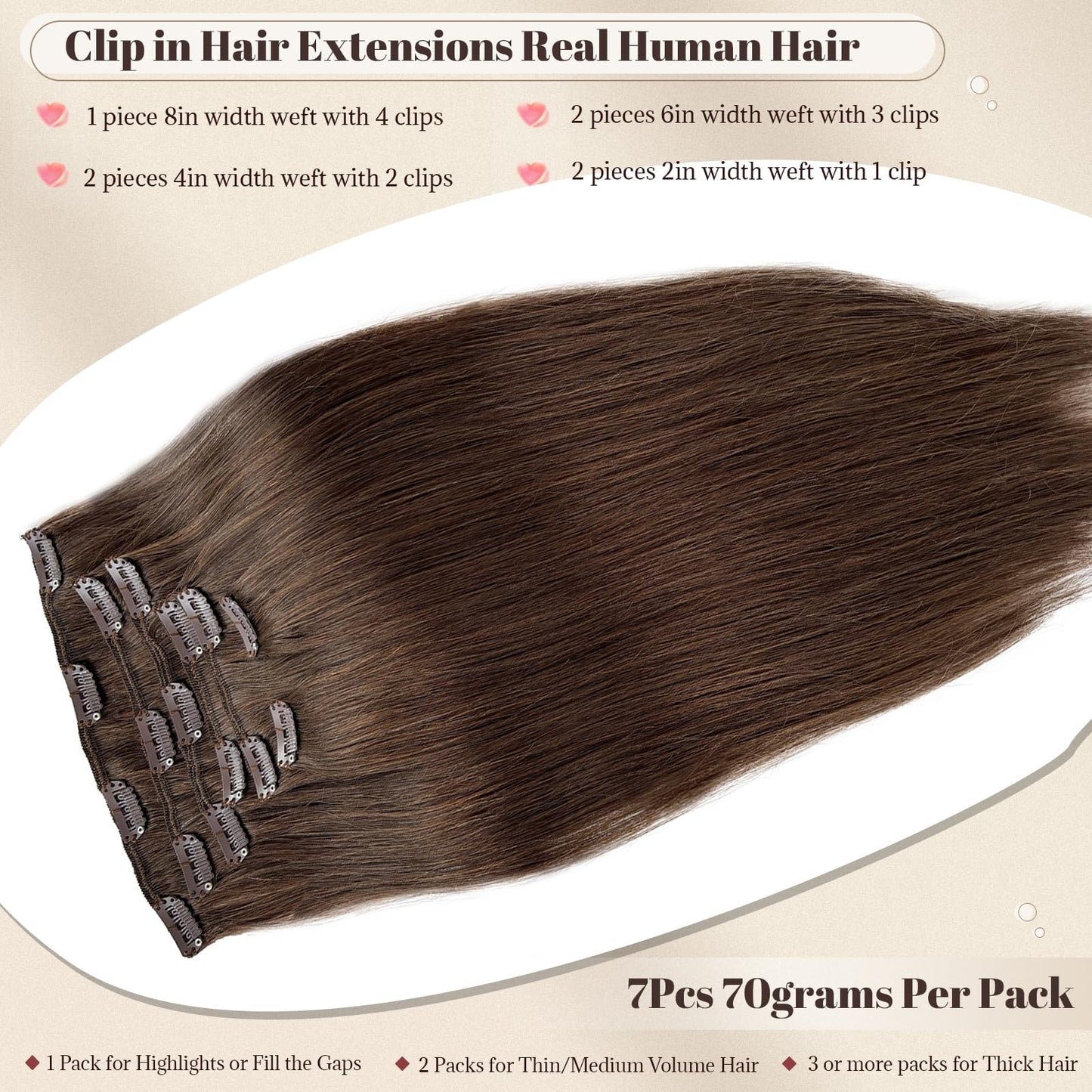 Dark Brown Clip in Hair Extensions Real Human Hair 18 Inch Invisible Straight Clip in Human Hair Extensions for Women Double Wef