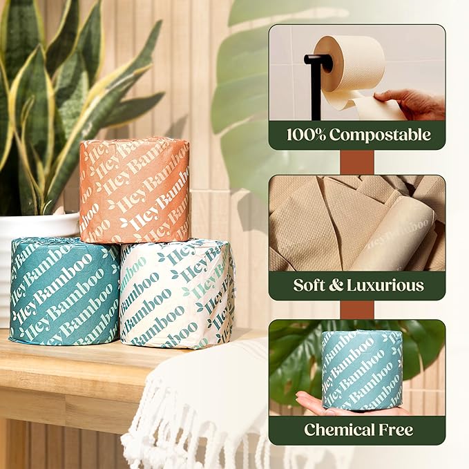 24 - HeyBamboo 100% Bamboo 3-Ply Toilet Paper, Unbleached, Non Toxic, 24 Double Rolls, 360 Sheets, FSC Certified, Soft & Strong, Pack of 24, Plastic-Free