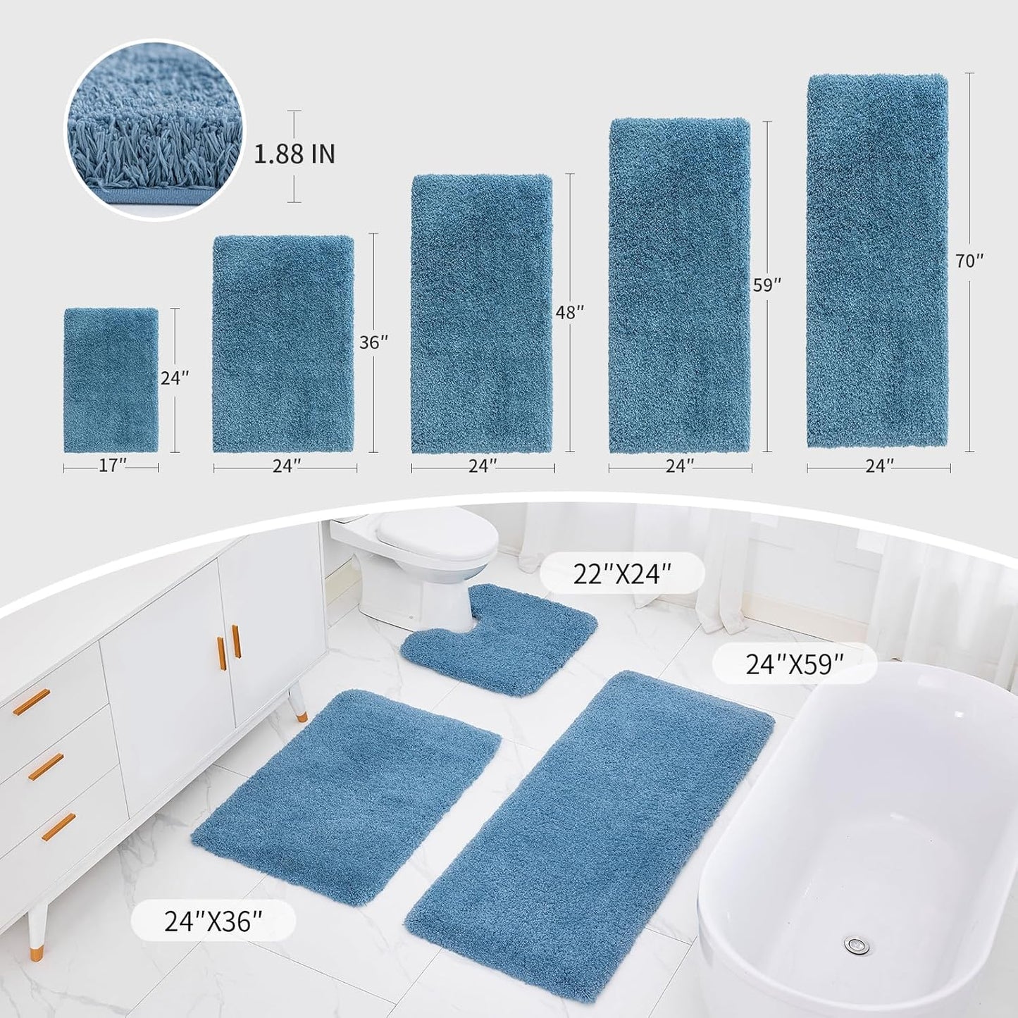 Blue Bathroom Runner Rug 24x70 Non Slip Fluffy Long Bath Mat for Bathroom Floor Washable Plush Luxury Large Bath Rug for Tub Absorbent Runner Rug for Bedside