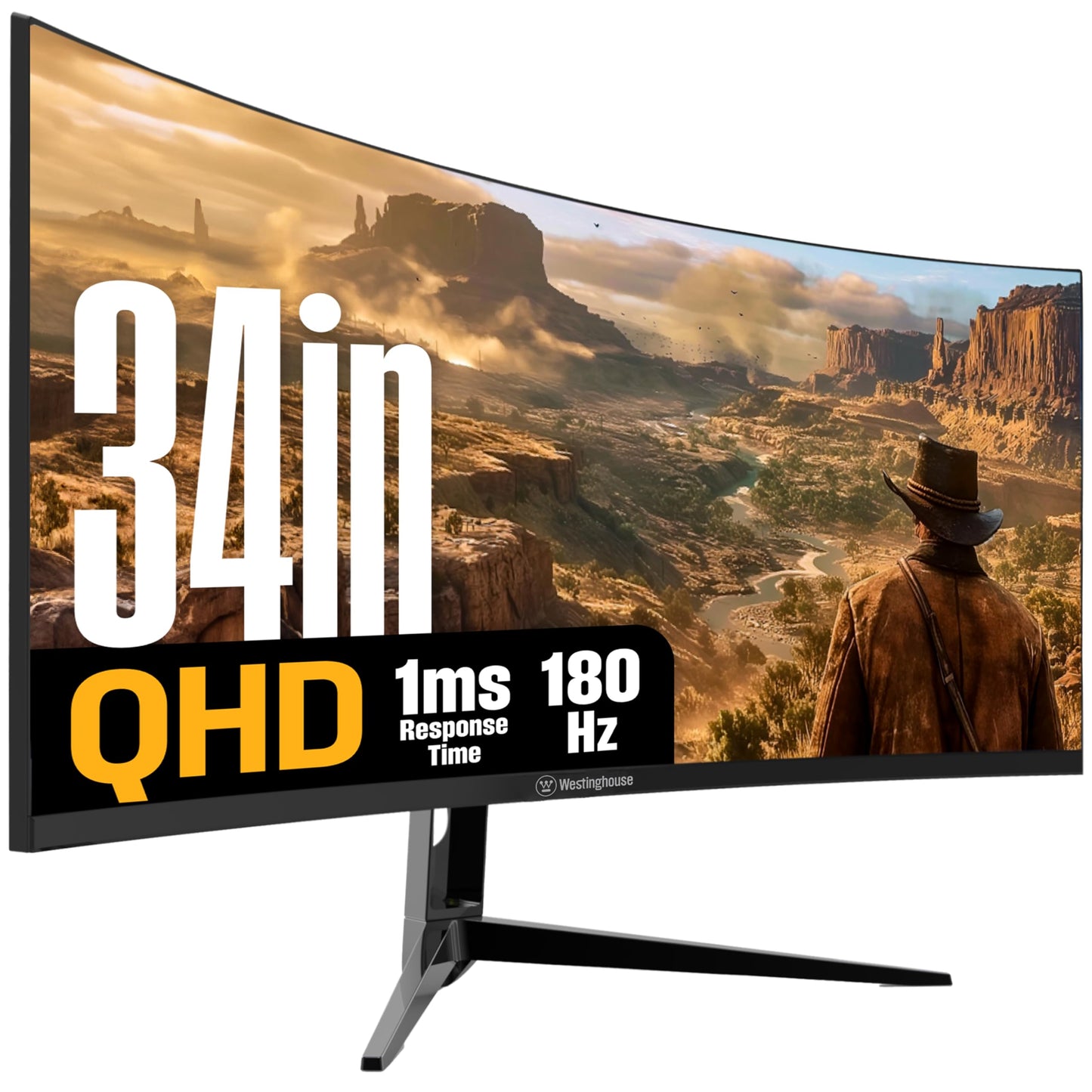 Westinghouse 34 Inch Curved Gaming Monitor, 2K Ultra-WQHD(3440x1440P), AMD FreeSync Premium, 3000:1 Contrast Ratio, 122% sRGB, 180Hz, 1ms, 1500R, Eyecare, Built-in Speakers, DisplayPortx2, HDMIx2