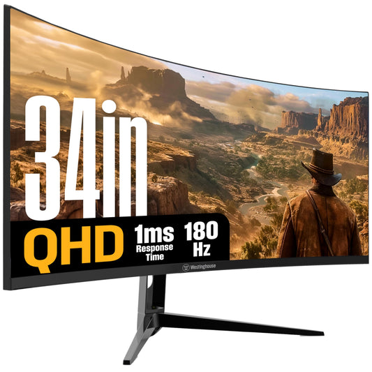 Westinghouse 34 Inch Curved Gaming Monitor, 2K Ultra-WQHD(3440x1440P), AMD FreeSync Premium, 3000:1 Contrast Ratio, 122% sRGB, 180Hz, 1ms, 1500R, Eyecare, Built-in Speakers, DisplayPortx2, HDMIx2