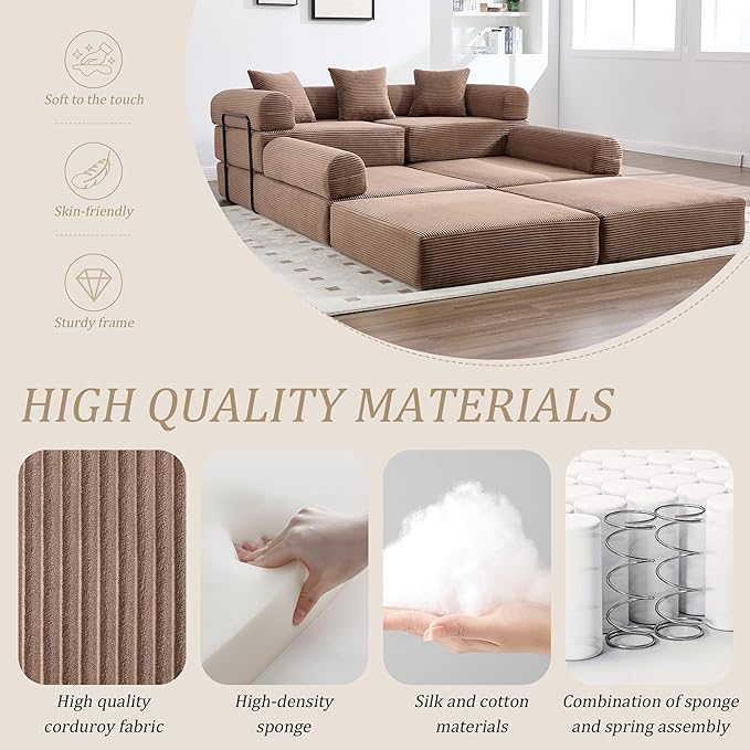 106" Oversized Convertible Sleeper Sofa Bed, Corduroy L Shape Sectional Couch, Folding Sofa Bed with Side Pocket, Modern Cloud Floor Mattress Couch, Modular Sofa for Living Room, Brown