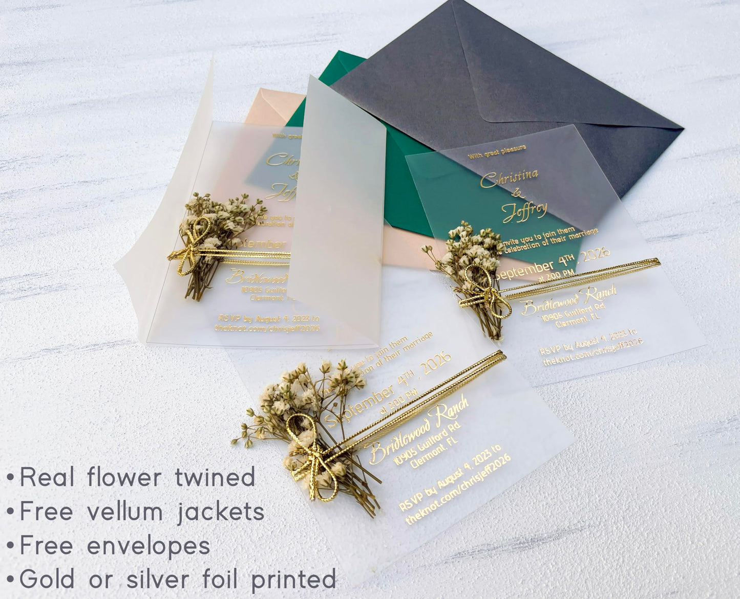 Set of Acrylic Wedding Invitations with Vellum Jacket - Gold Foil Wedding Invitation - Flower Twined Clear Invitations with Envelopes & Stickers