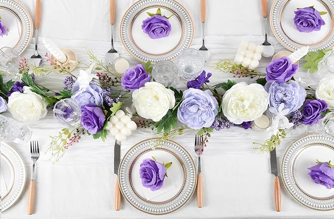 DearHouse 2Pack Artificial Peony Flower Garland - Silk Peony Garland with Purple White Flowers for Wedding Party Table Decoration,6ft/Strand(White&Purple&Dark Purple)