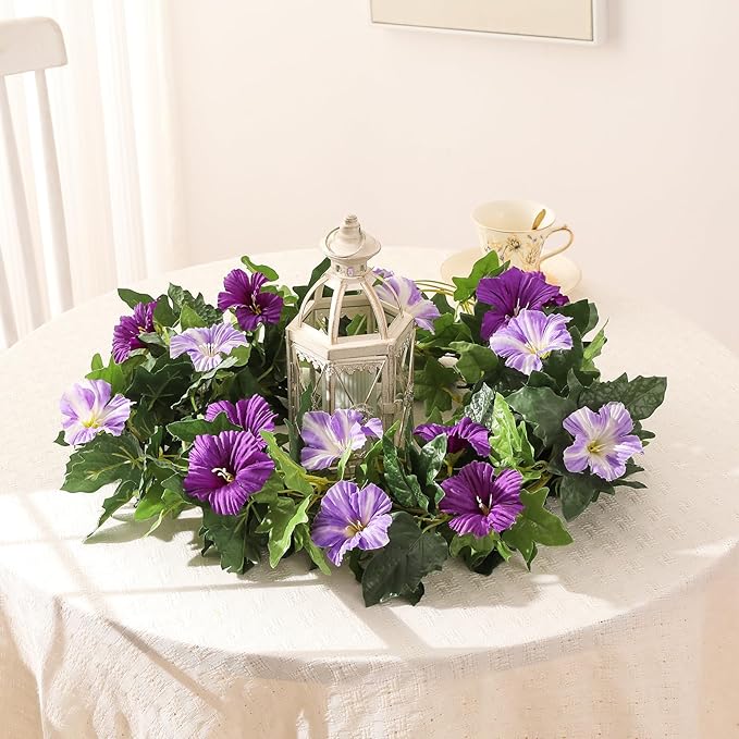 Floweroyal 2 Pack Artificial Flower Garlands 15.8FT Fake Morning Glory Vines Silk Flowers Hanging Garland Ivy for Wedding Arch Party Home Garden Wall Decor (Purple)