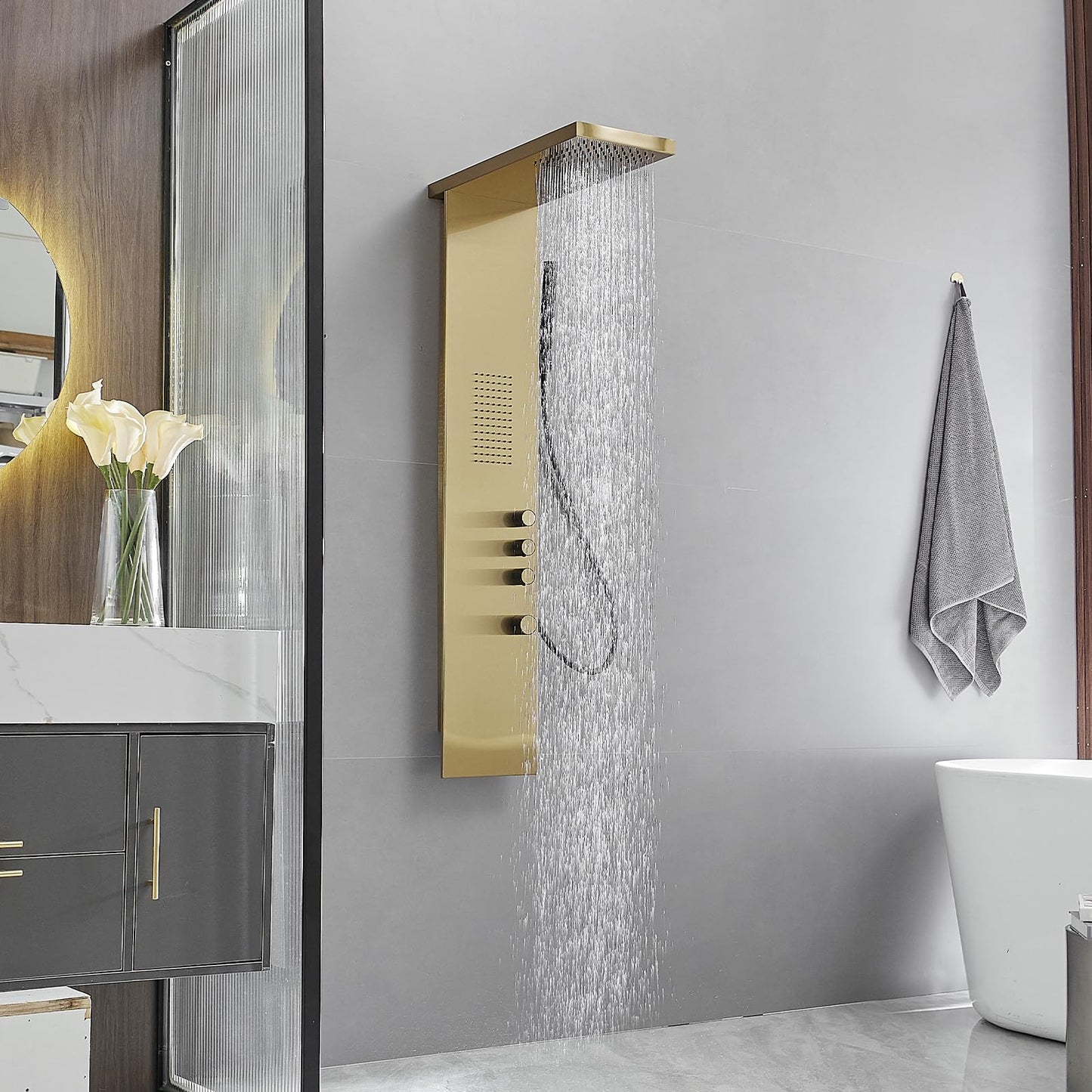 BWE 3 IN 1 Shower Panel Stainless Steel Shower Panel Tower System Rainfall Shower Head with Handheld Shower and Rain Massage Body Jets Wall Mount Shower System,Brushed Gold