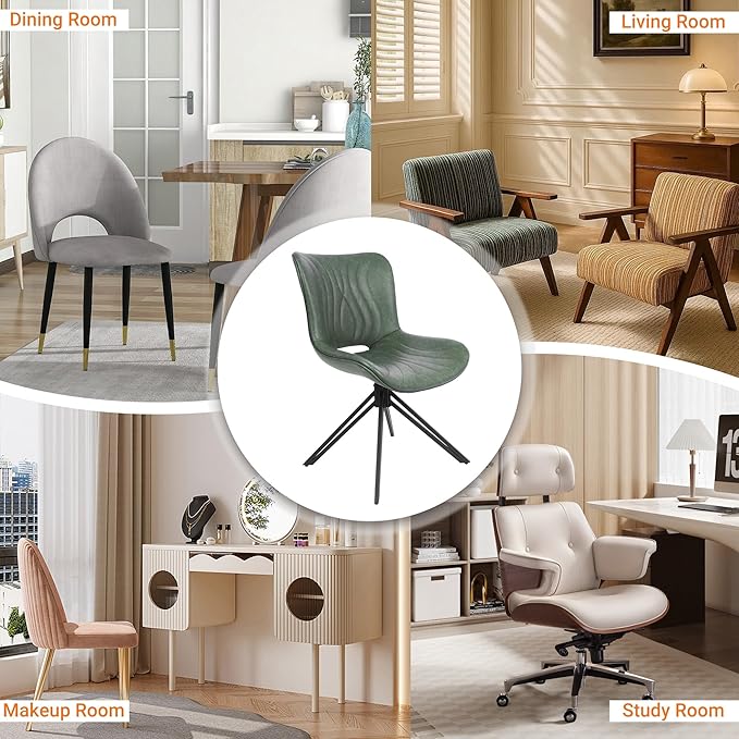 VATROS Dining Chairs Set of 6, 360° Swivel Upholstered Mid-Century Modern Kitchen Dining Room Chairs, Armless Faux Leather Accent Side Chair with Padded Back, Metal Legs for Living Room,Green