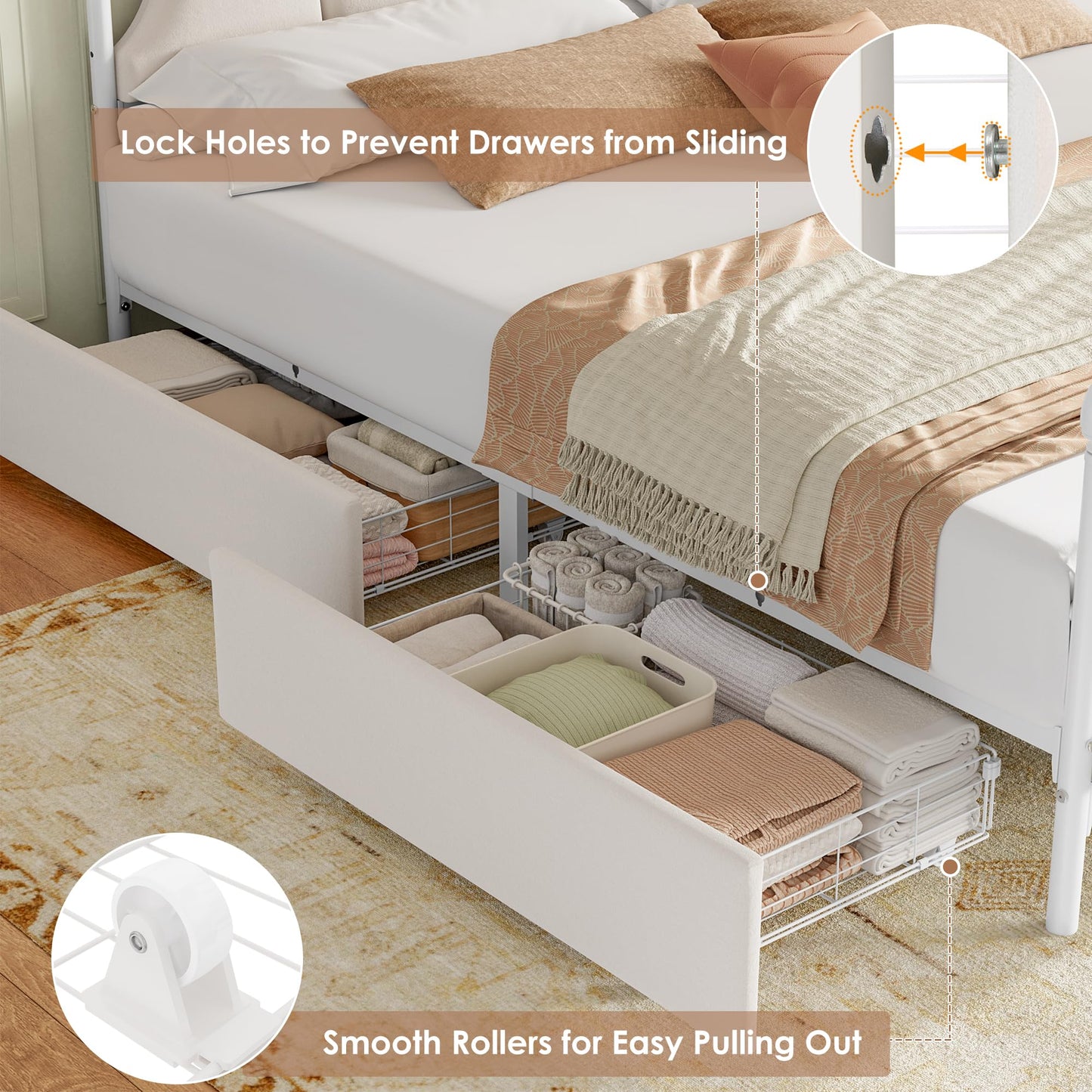 FOTOSOK Full Bed Frame, Full Size Bed Frame with Adjustable Headboard, Bed Frames Queen Size with 4 Large Storage Drawers, No Box Spring Needed, Noise Free, White