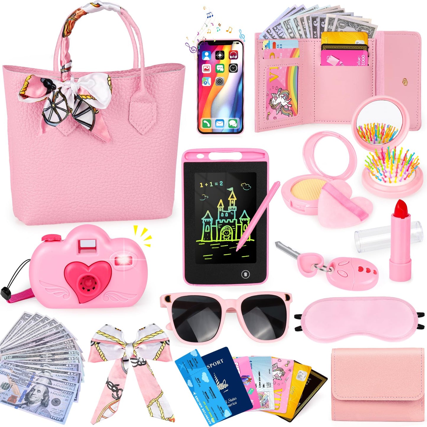Meaicezli Play Purse for Little Girls, 35PCS Toddler Travel Purse with Handbag, Writing Tablet, Camera, Wallet, Fake Makeup, Girl Toys Includes Phone, Eye Mask, Pretend Play Toys for Girls Ages 3+